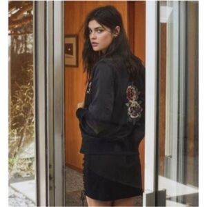 Olivaceous Satin Bomber Jacket Floral Embroidery
Brown New Size: US M